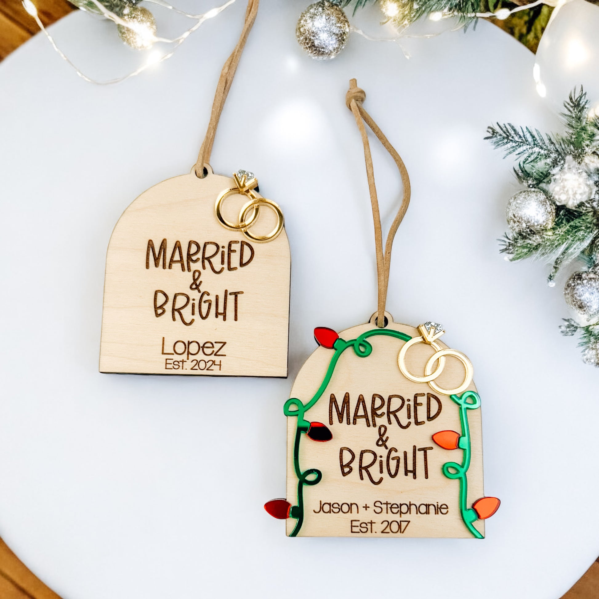 Married & Bright Christmas Ornament - Wedding Gift for Bride & Groom - DyeandPine
