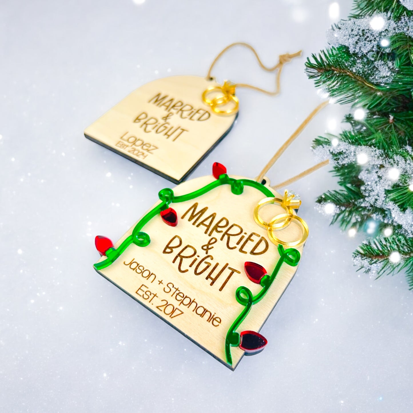 Married & Bright Christmas Ornament - Wedding Gift for Bride & Groom - DyeandPine