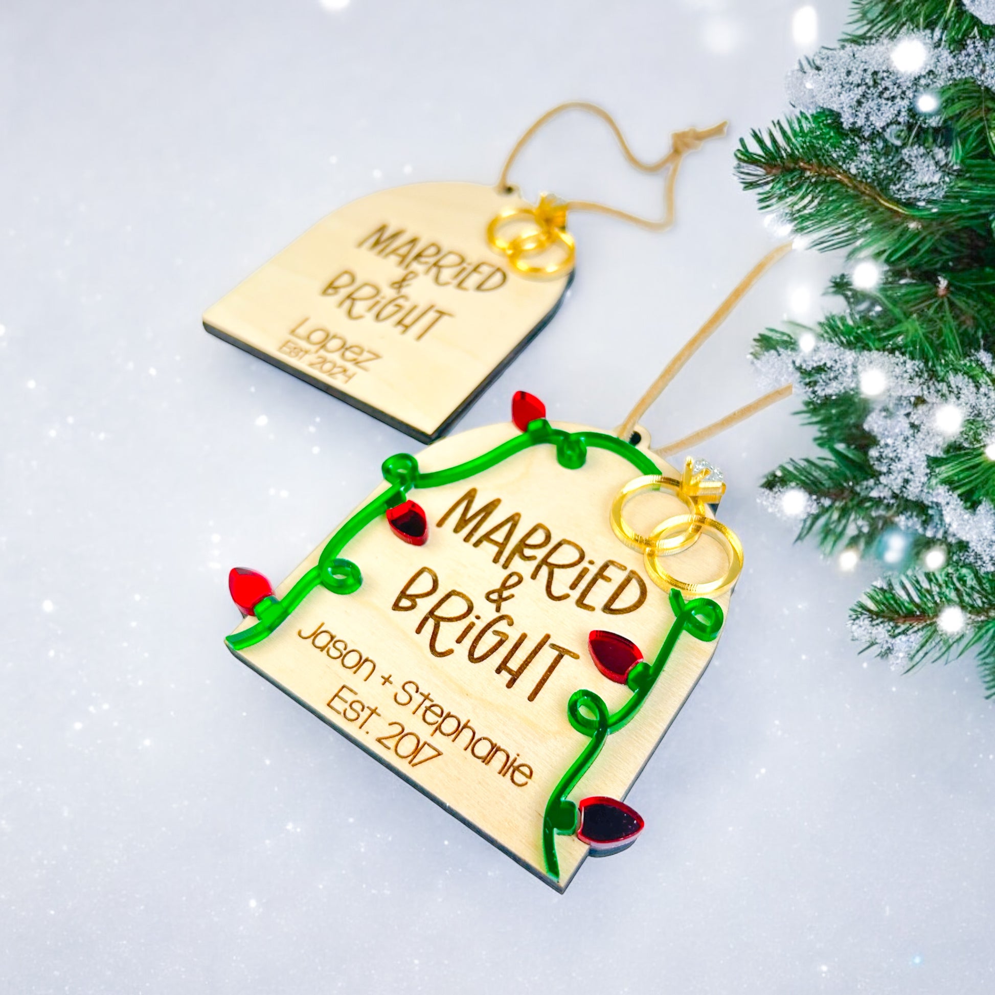 Married & Bright Christmas Ornament - Wedding Gift for Bride & Groom - DyeandPine