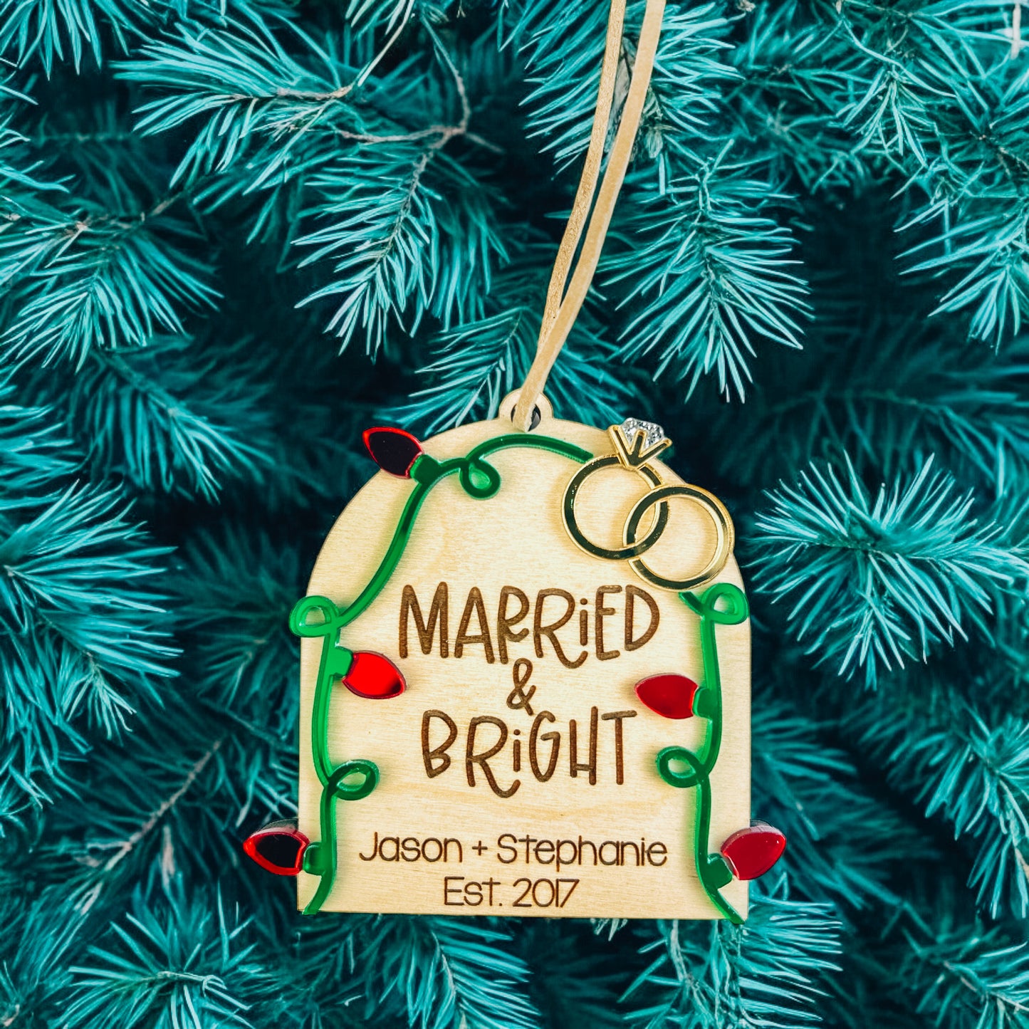 Married & Bright Christmas Ornament - Wedding Gift for Bride & Groom - DyeandPine