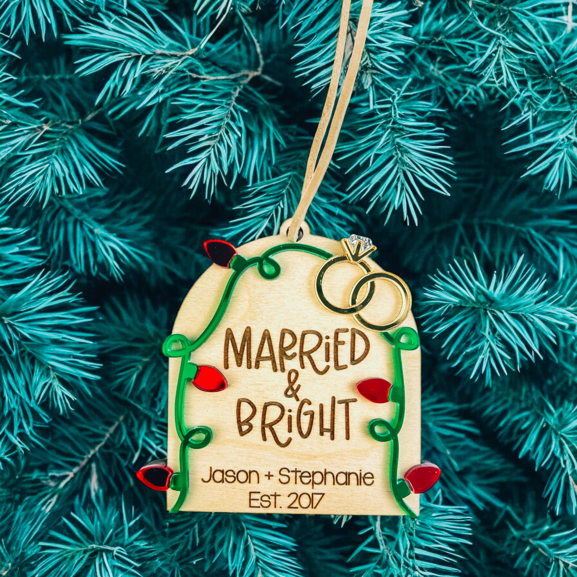 Married & Bright Christmas Ornament - Wedding Gift for Bride & Groom - DyeandPine