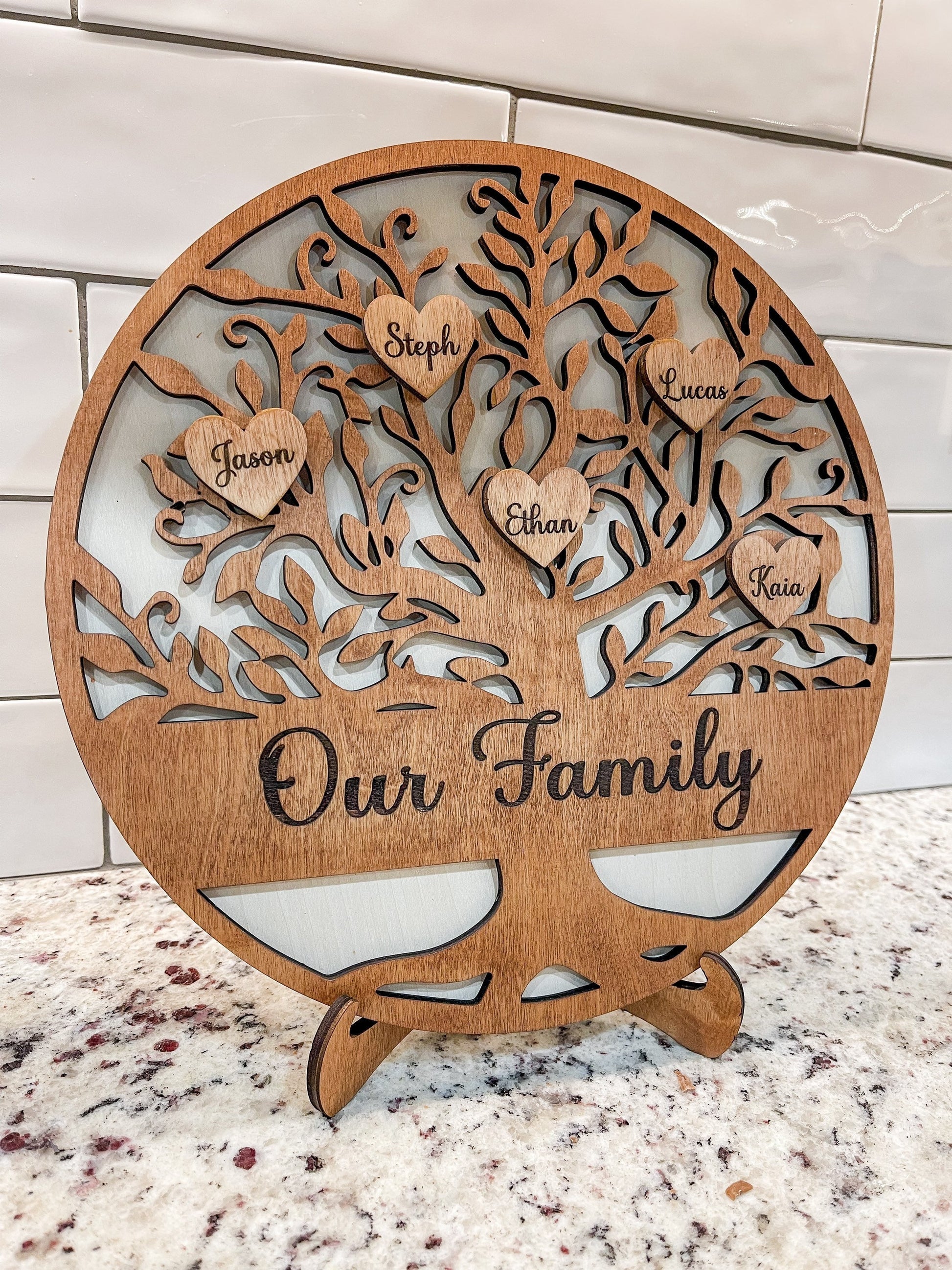 Personalized Family Tree Sign | Custom Gift For Mom & Grandma, Mothers Day | Engraved 3D Hearts - DyeandPine