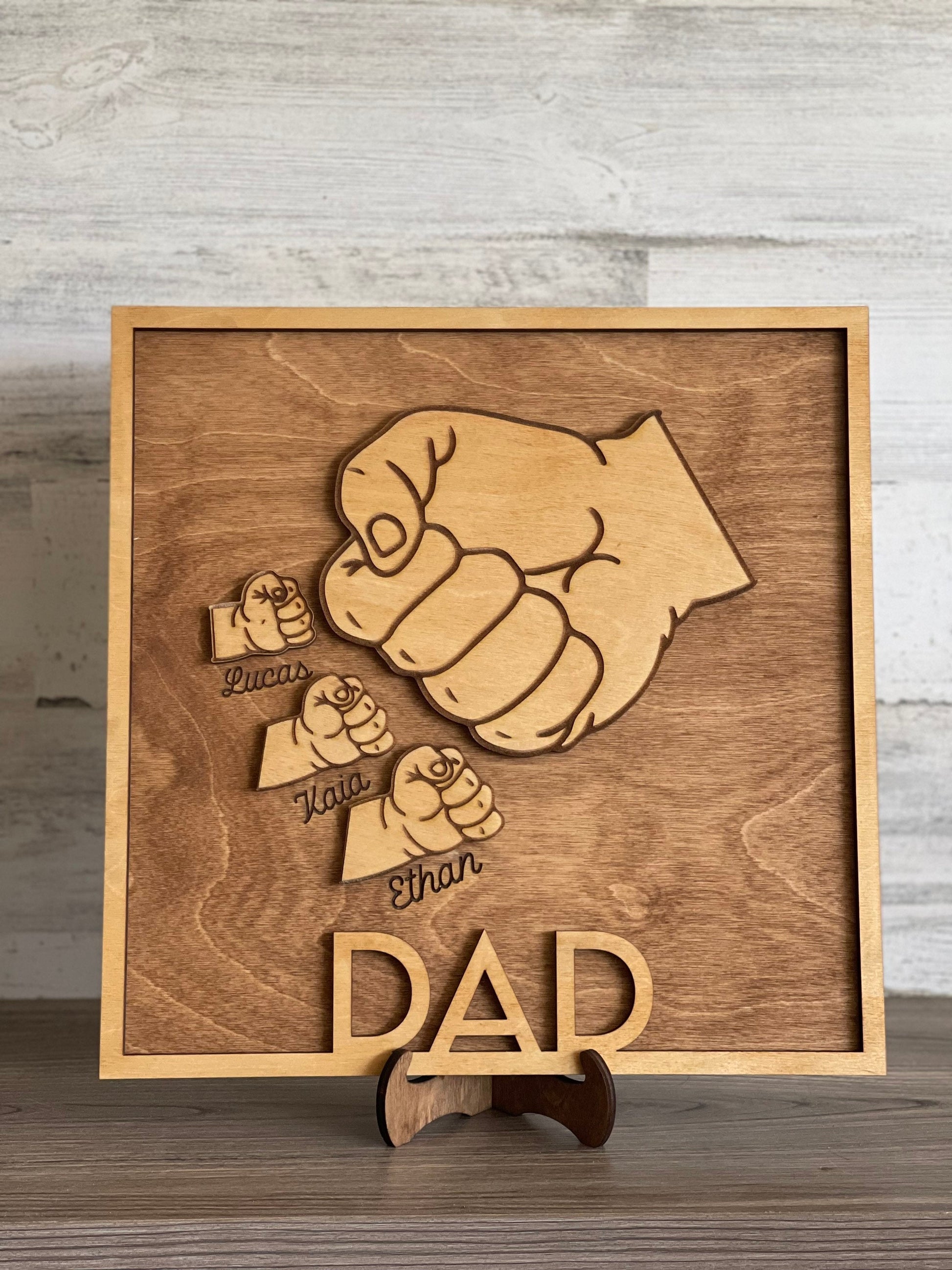 Father's Day sign, Father's Day gift, Wooden plaque, Fist Bump Sign, Sign with kids names, Grandfather Gift, Engraved Gift, For Him, Papa - DyeandPine