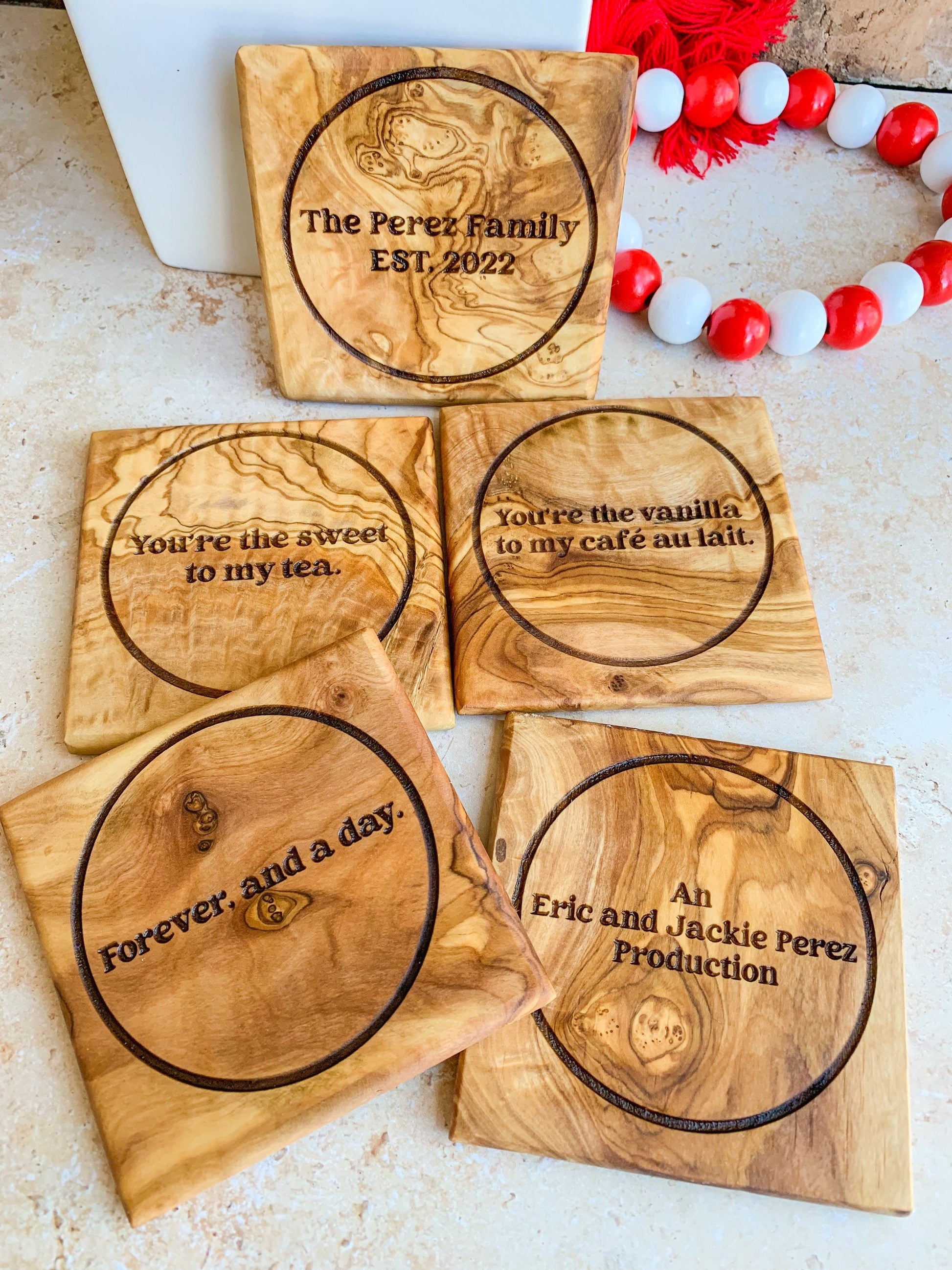 Olive Wood Coasters, Housewarming Gift, Anniversary Gift, Wedding Keepsake, Mother's Day Gift, Wooden Coaster Set, Olive Wood, Drink Coaster - DyeandPine