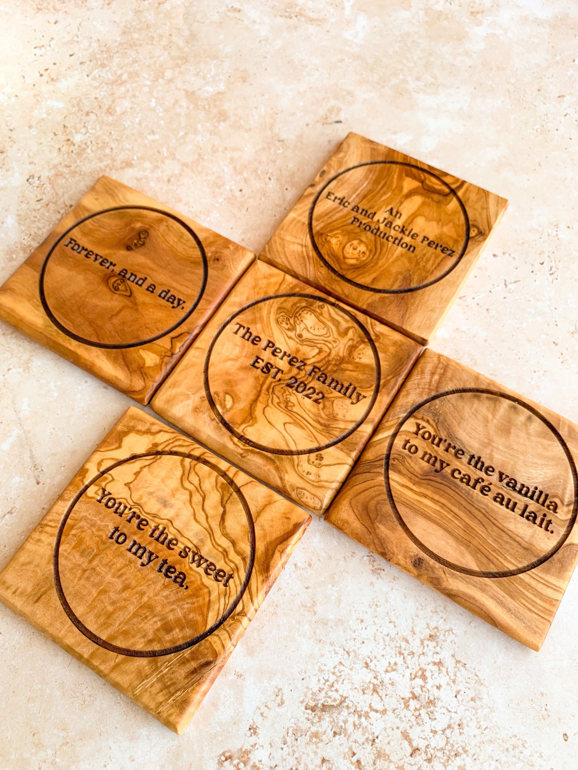 Olive Wood Coasters, Housewarming Gift, Anniversary Gift, Wedding Keepsake, Mother's Day Gift, Wooden Coaster Set, Olive Wood, Drink Coaster - DyeandPine