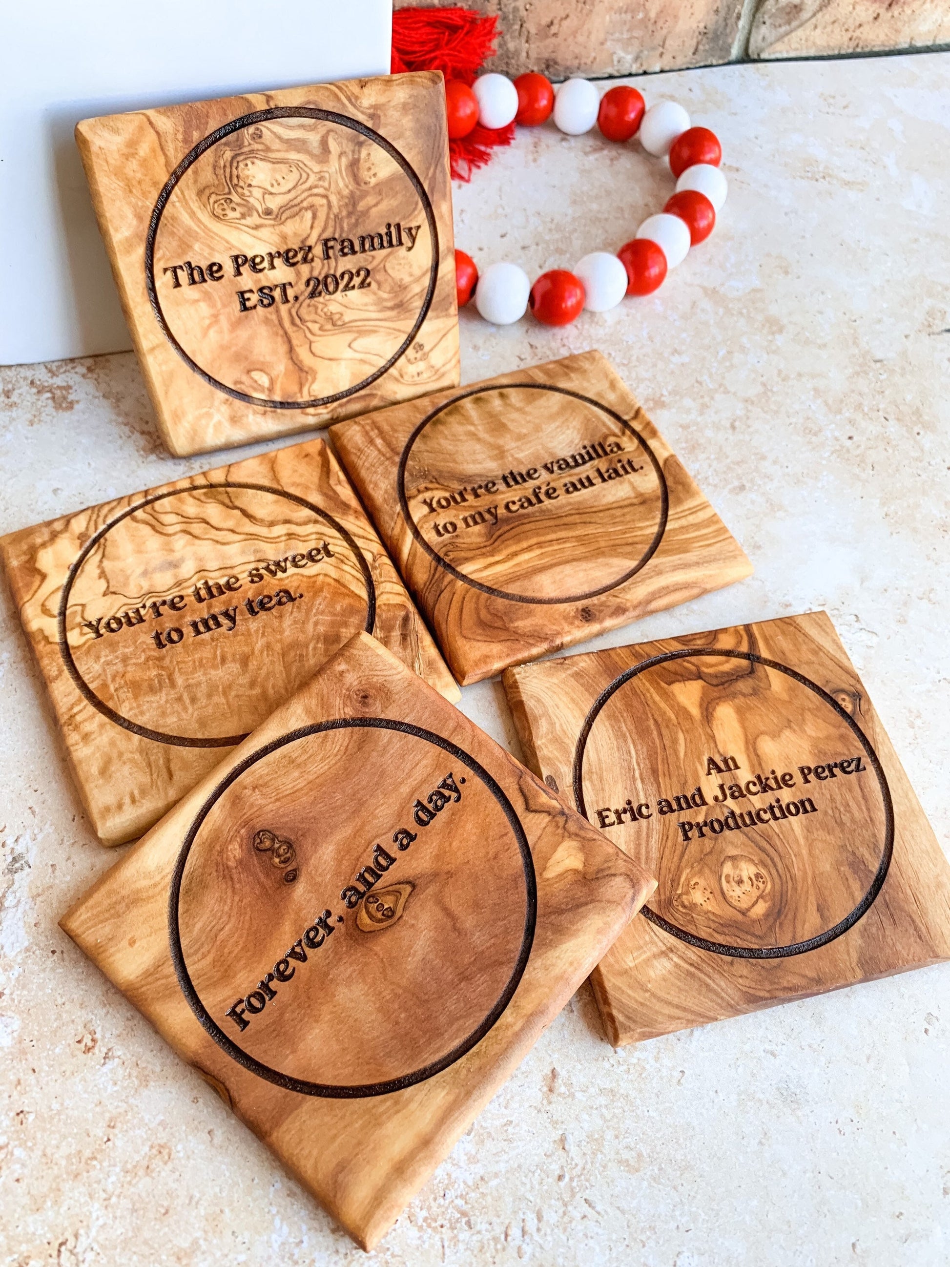 Olive Wood Coasters, Housewarming Gift, Anniversary Gift, Wedding Keepsake, Mother's Day Gift, Wooden Coaster Set, Olive Wood, Drink Coaster - DyeandPine