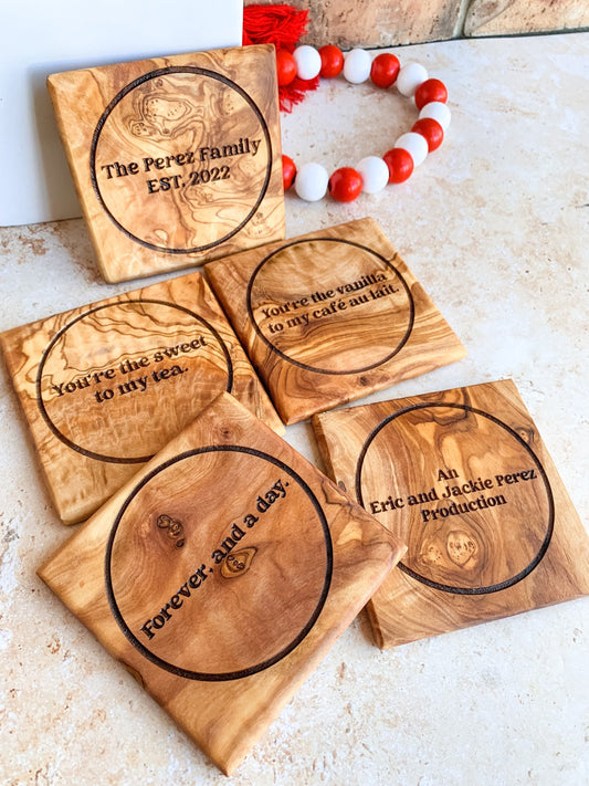 Olive Wood Coasters, Housewarming Gift, Anniversary Gift, Wedding Keepsake, Mother's Day Gift, Wooden Coaster Set, Olive Wood, Drink Coaster - DyeandPine