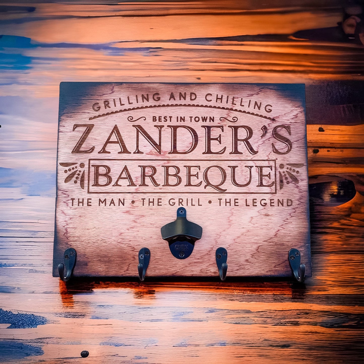Personalized Rustic BBQ Sign & Utensil Holder | Backyard BBQ Decor - DyeandPine