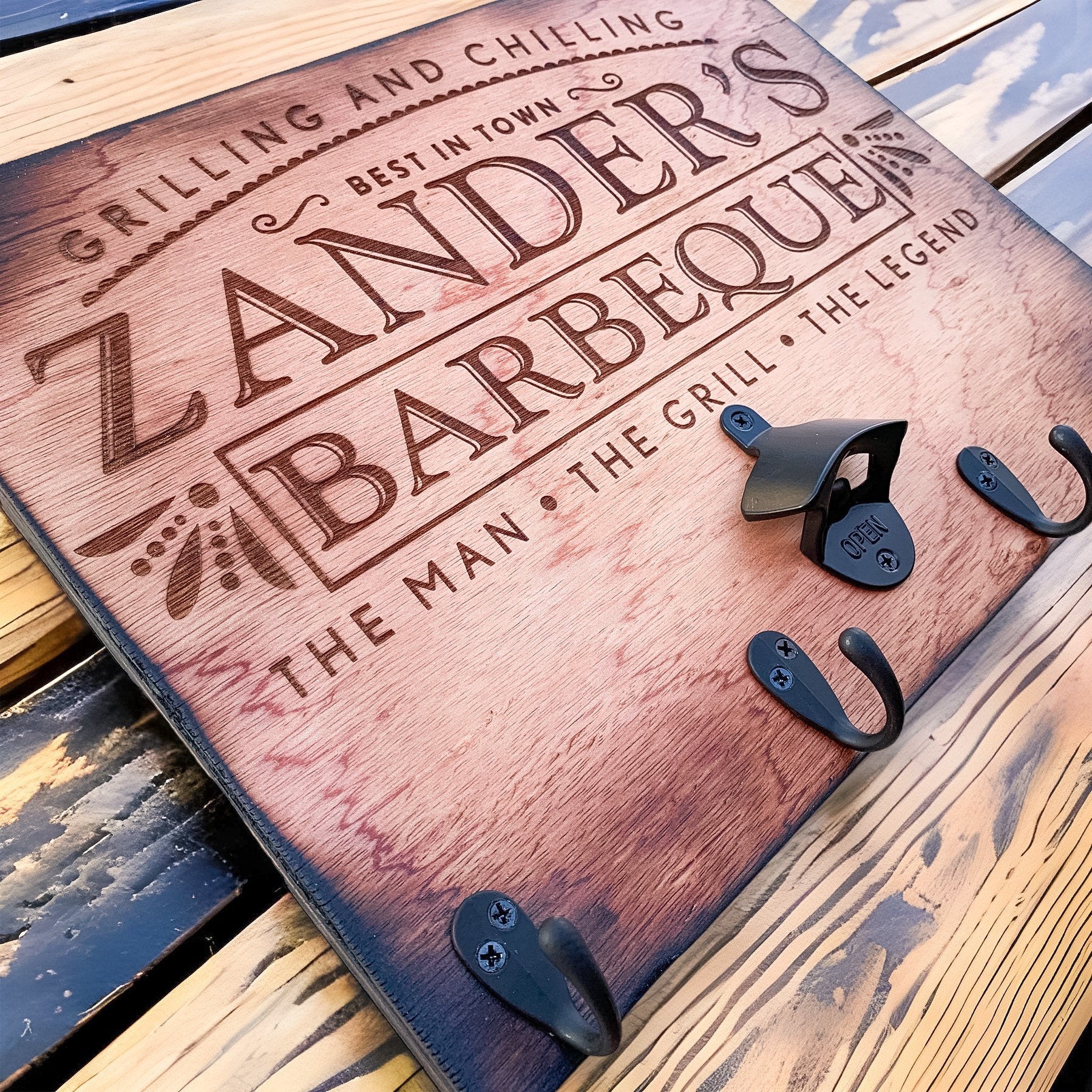 Personalized Rustic BBQ Sign & Utensil Holder | Backyard BBQ Decor - DyeandPine