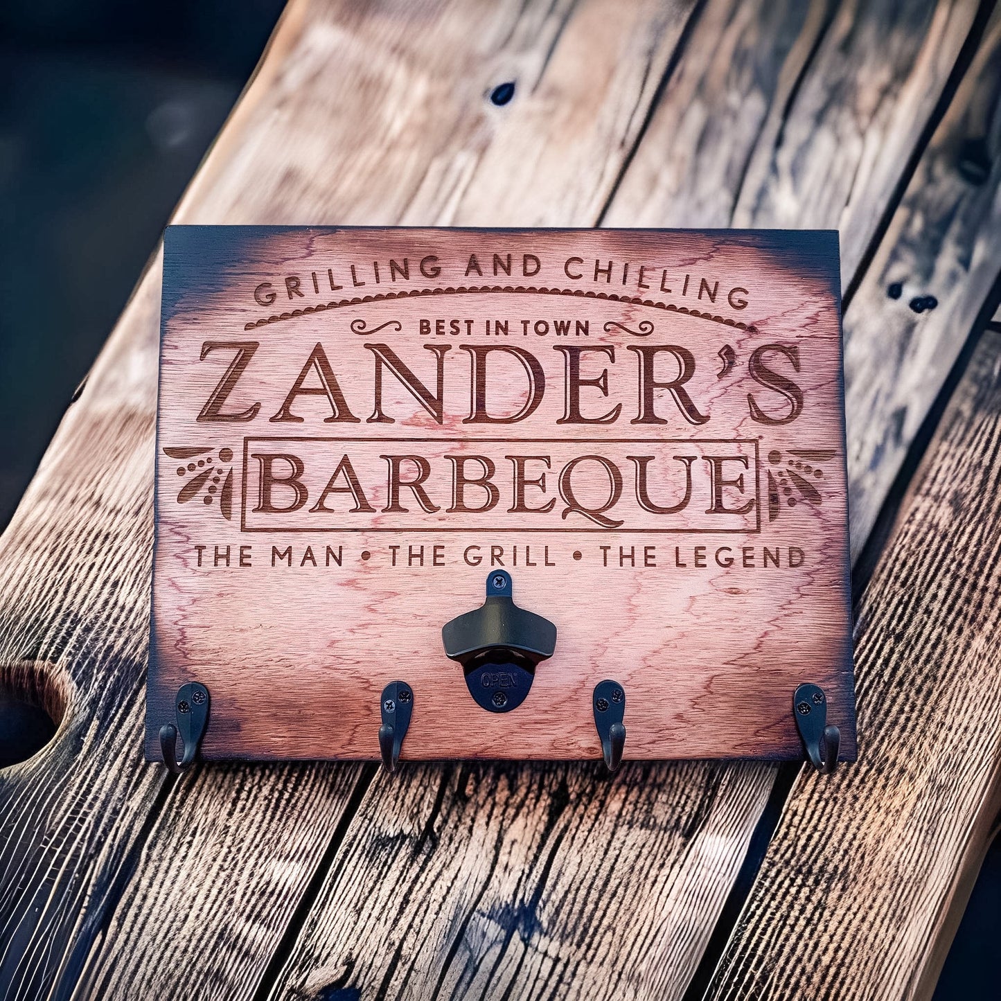 Personalized Rustic BBQ Sign & Utensil Holder | Backyard BBQ Decor - DyeandPine