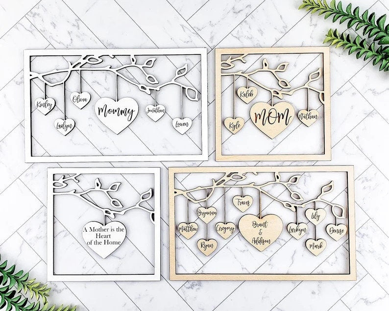 Mothers Day Gift, Family Gift, Grandparents Gift, Mothers Day, Hanging Hearts, Family Tree Sign, Gift for Mom, Mom Signs with Kids Names - DyeandPine