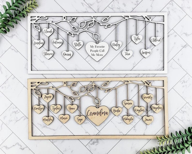 Mothers Day Gift, Family Gift, Grandparents Gift, Mothers Day, Hanging Hearts, Family Tree Sign, Gift for Mom, Mom Signs with Kids Names - DyeandPine