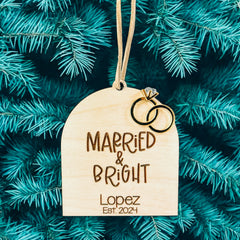 Married & Bright Christmas Ornament - Wedding Gift for Bride & Groom