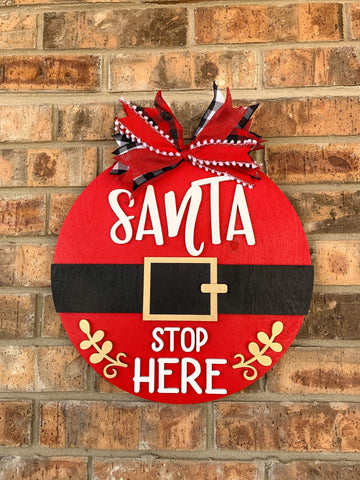 Santa Stop Here Sign | Christmas Door Hanger & Wreath