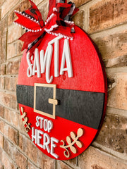 Santa Stop Here Sign | Christmas Door Hanger & Wreath