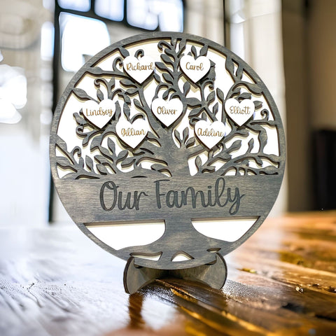 Personalized Family Tree Sign | Custom Gift For Mom & Grandma, Mothers Day | Engraved 3D Hearts