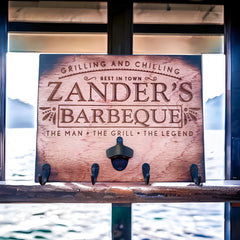 Personalized Rustic BBQ Sign & Utensil Holder | Backyard BBQ Decor