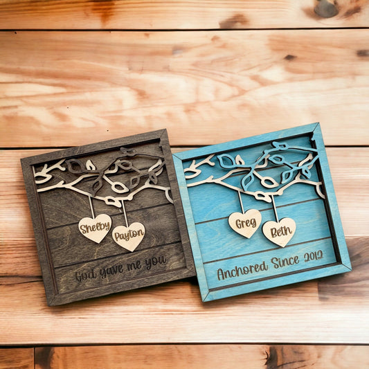 Couple Name Sign, Personalized Wedding Gift, Custom Wood Sign, Valentines Day Gift, Anniversary Gift, Mothers Day, Hanging Hearts, Newlyweds