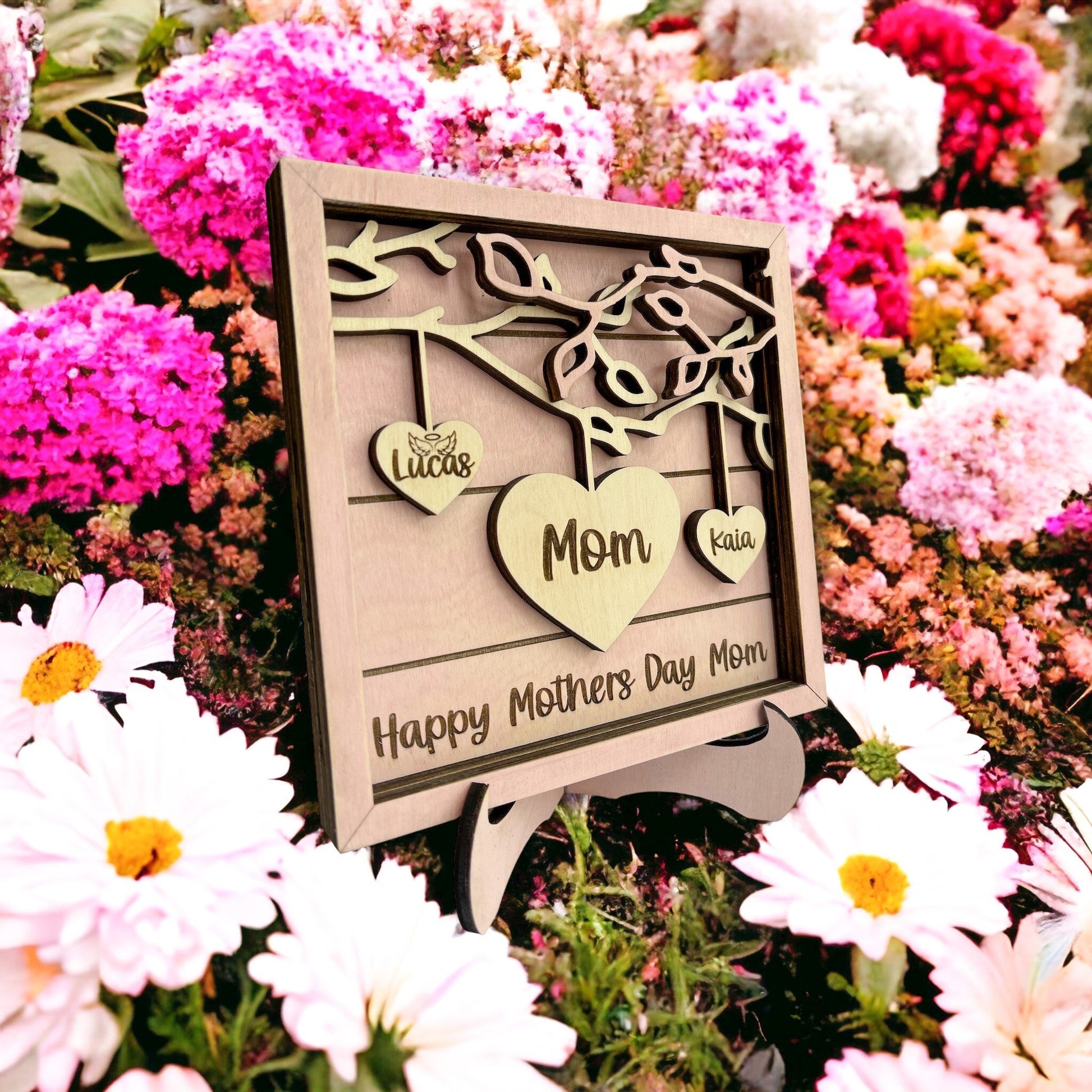 Mothers Day Gift, Family Gift, Grandparents Gift, Mothers Day, Hanging Hearts, Family Tree Sign, Gift for Mom, Mom Signs with Kids Names - DyeandPine